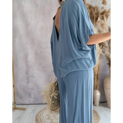 2 Piece Outfit, Casual V-Neck Top and Wide Leg Pants Set
