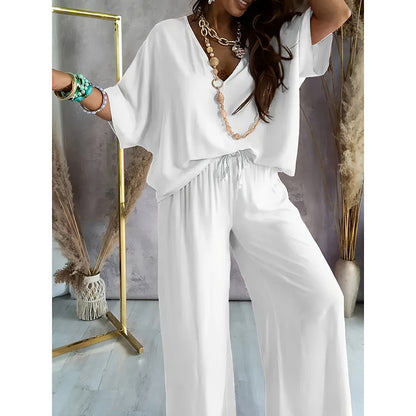 2 Piece Outfit, Casual V-Neck Top and Wide Leg Pants Set
