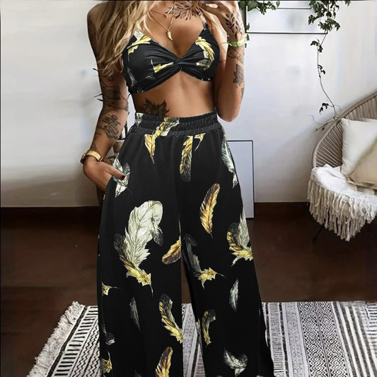 Ladies' High Waist Drawstring, Beach Pocket Pants, Sexy Top Set