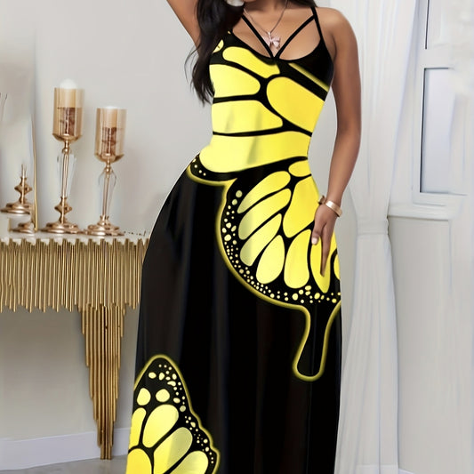 Ladies' V-neck Butterfly Black Long Dress