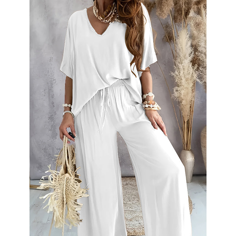 2 Piece Outfit, Casual V-Neck Top and Wide Leg Pants Set