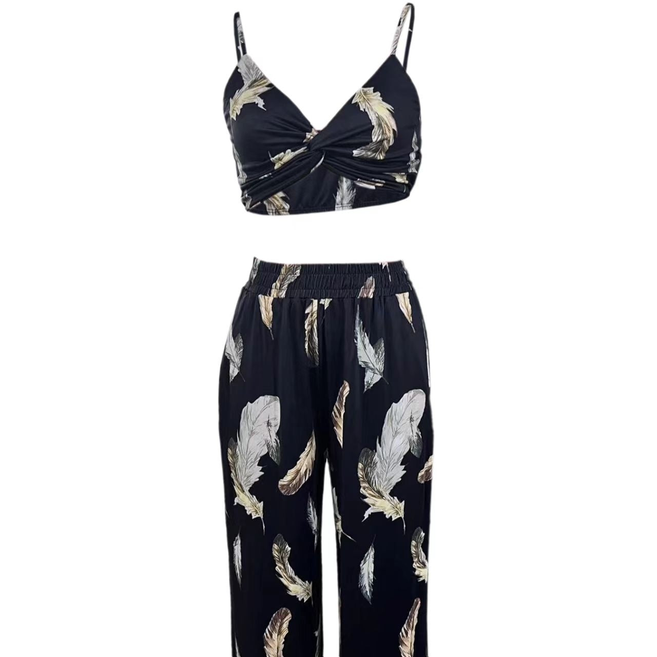 Ladies' High Waist Drawstring, Beach Pocket Pants, Sexy Top Set
