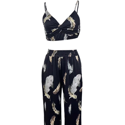 Ladies' High Waist Drawstring, Beach Pocket Pants, Sexy Top Set
