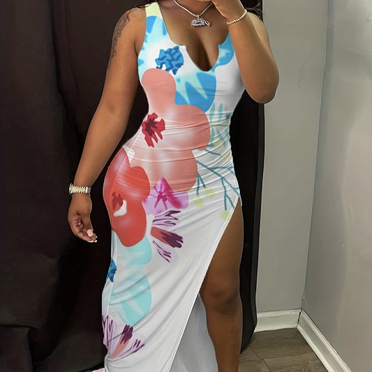 Ladies' V-neck Floral Thigh Slit Dress