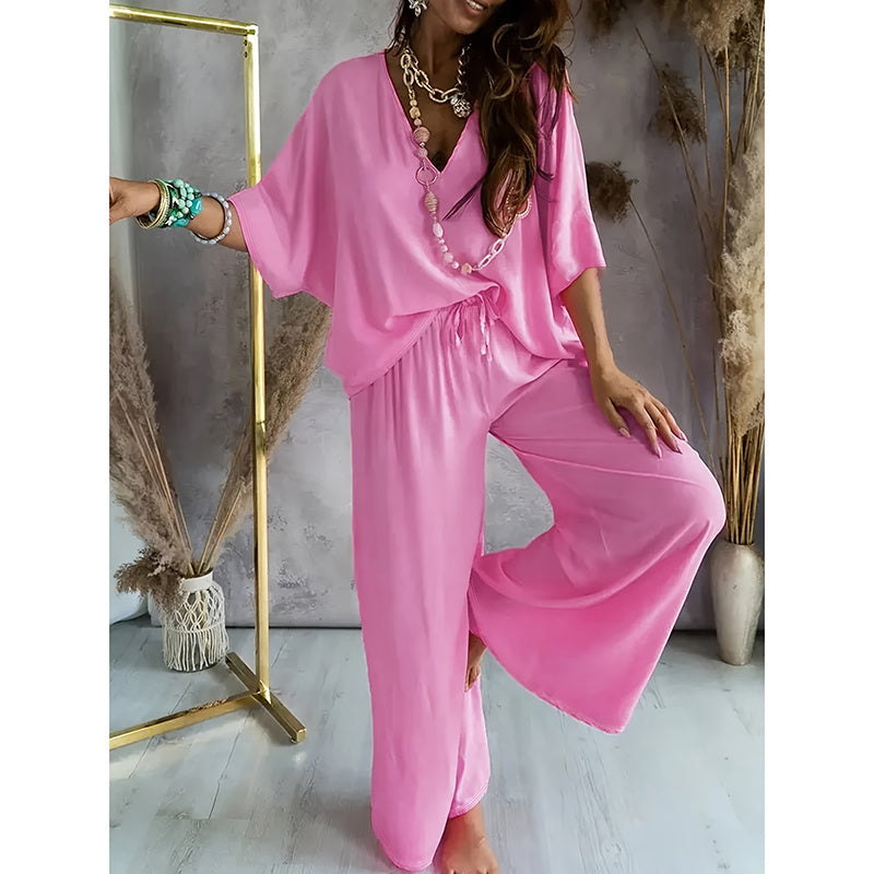 2 Piece Outfit, Casual V-Neck Top and Wide Leg Pants Set