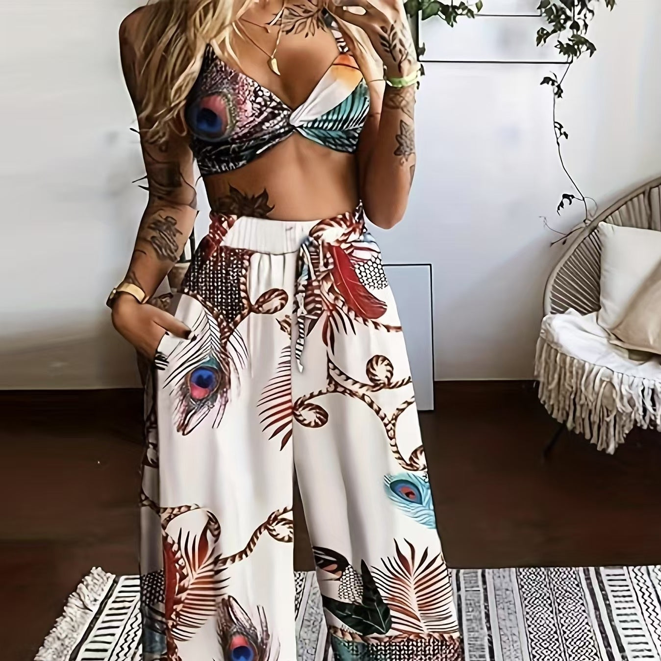 Ladies' High Waist Drawstring, Beach Pocket Pants, Sexy Top Set