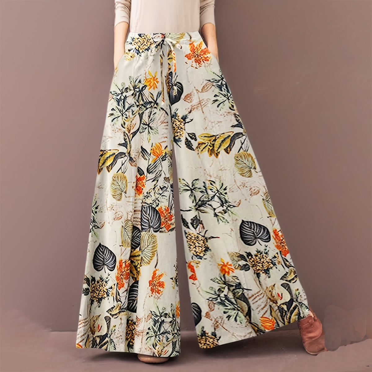 Plus Size Botanical Print Tie Women's Casual
