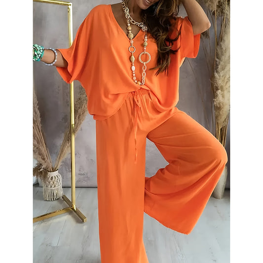 2 Piece Outfit, Casual V-Neck Top and Wide Leg Pants Set