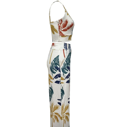 Palm Tree Print Sleeveless Top Set Pants