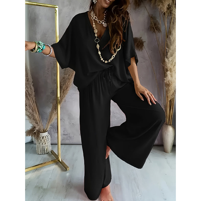 2 Piece Outfit, Casual V-Neck Top and Wide Leg Pants Set
