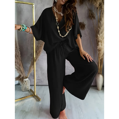 2 Piece Outfit, Casual V-Neck Top and Wide Leg Pants Set