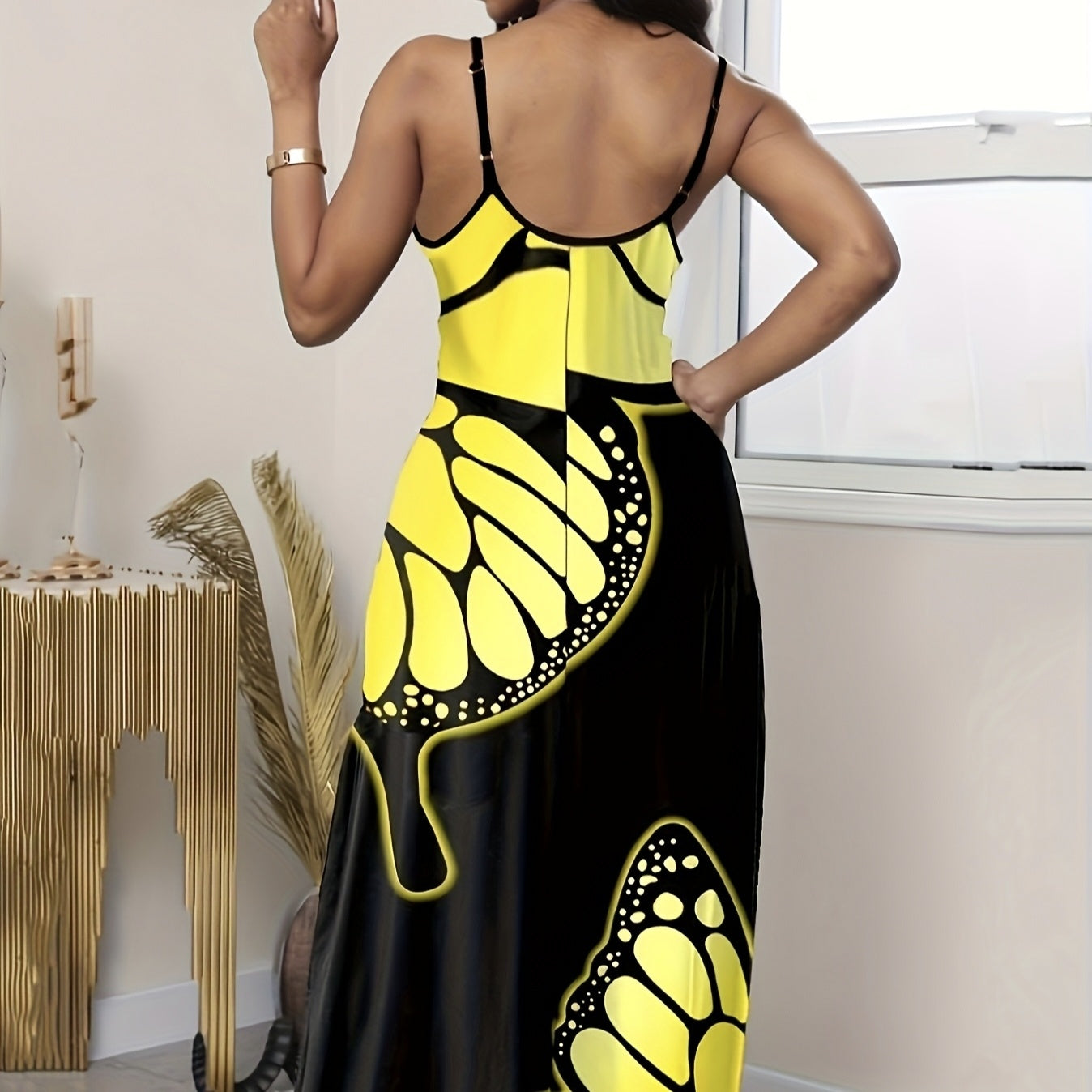 Ladies' V-neck Butterfly Black Long Dress