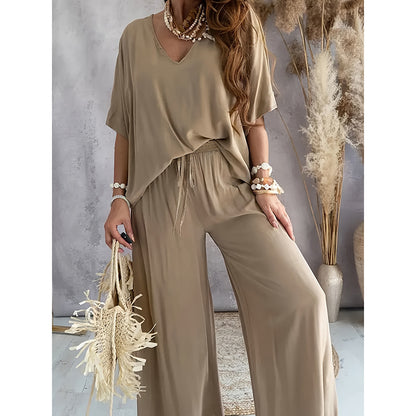 2 Piece Outfit, Casual V-Neck Top and Wide Leg Pants Set