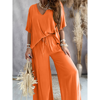 2 Piece Outfit, Casual V-Neck Top and Wide Leg Pants Set