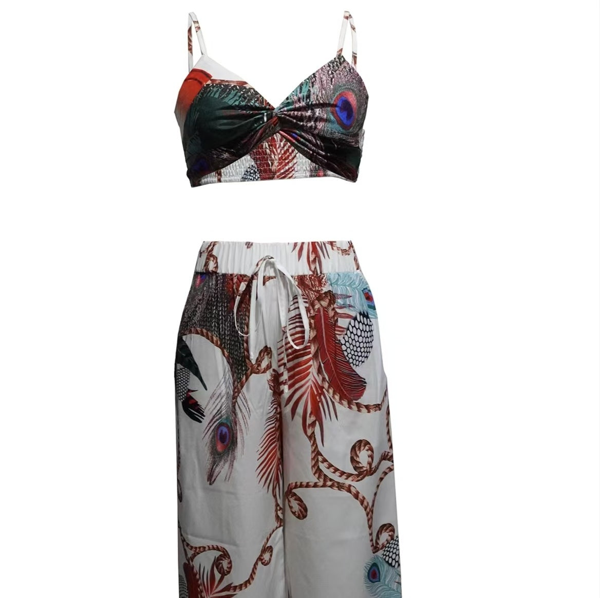 Ladies' High Waist Drawstring, Beach Pocket Pants, Sexy Top Set