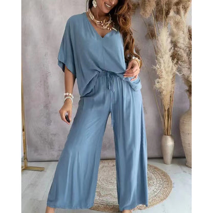 2 Piece Outfit, Casual V-Neck Top and Wide Leg Pants Set