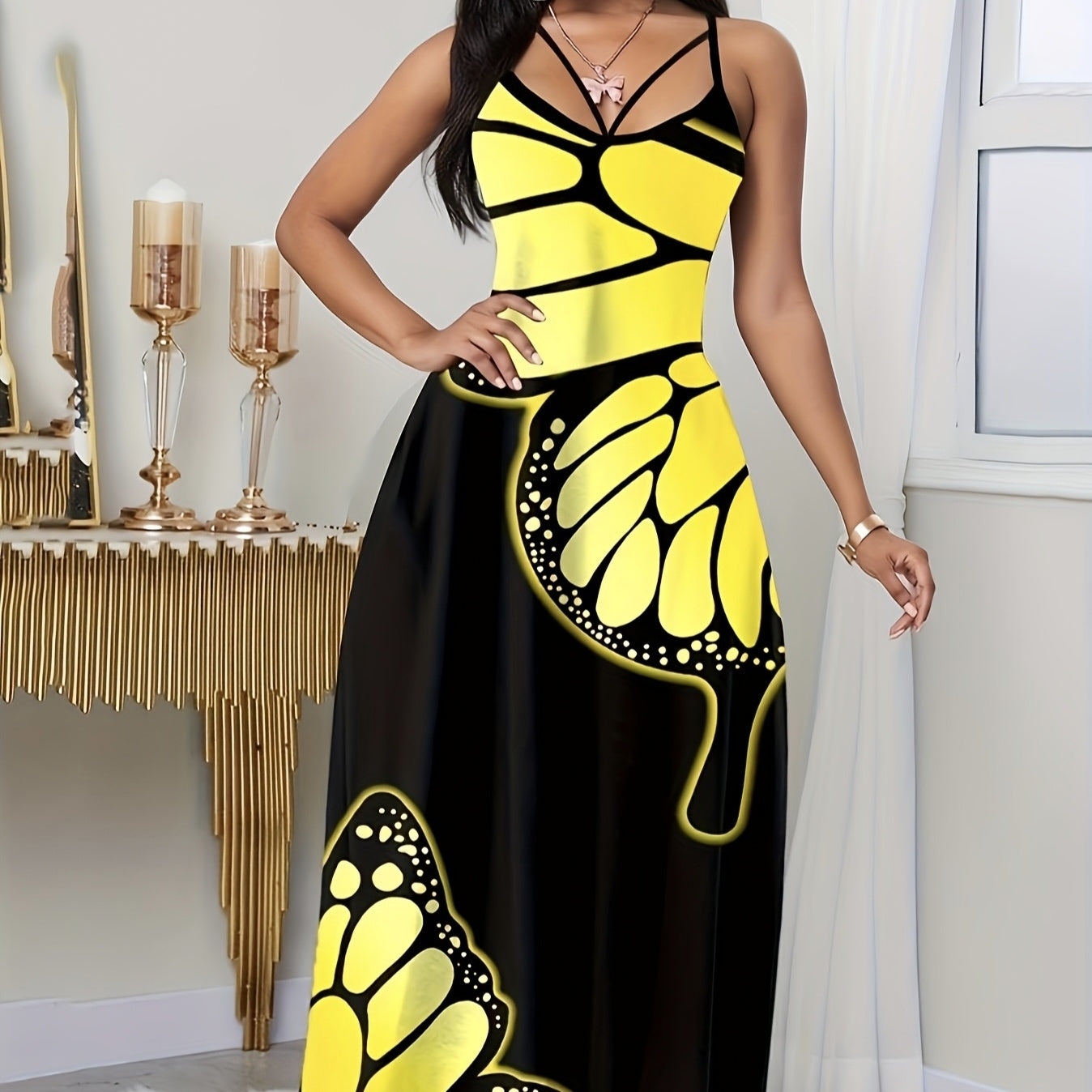Ladies' V-neck Butterfly Black Long Dress