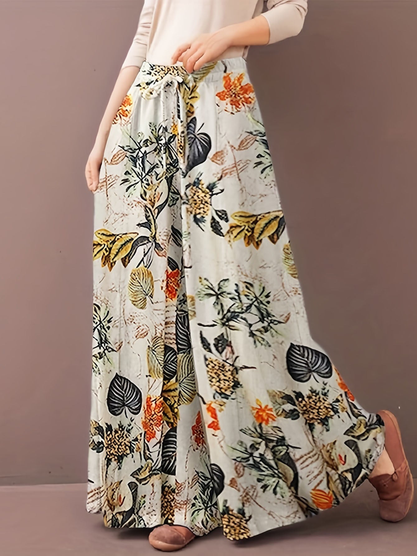 Plus Size Botanical Print Tie Women's Casual
